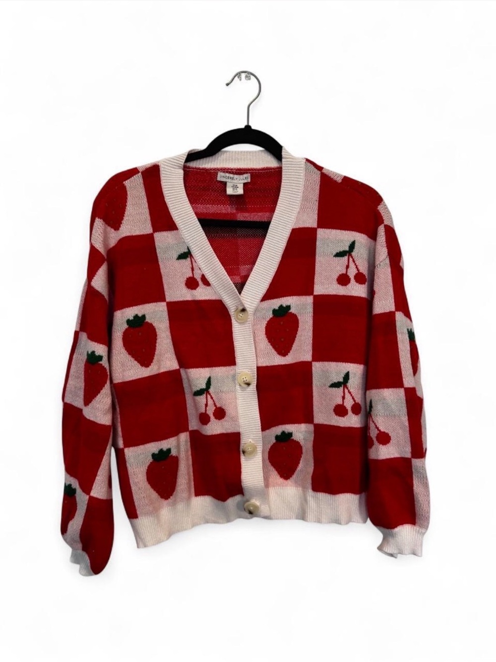 Checkered Cherry Strawberry Fruit Cardigan size Medium Coquette Kidcore Dopamine